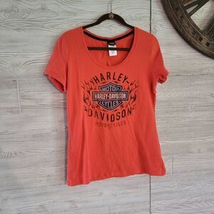 Harley Davidson Biker T-Shirt Womens SZ L Galesburg, IL Orange Chopper Logo